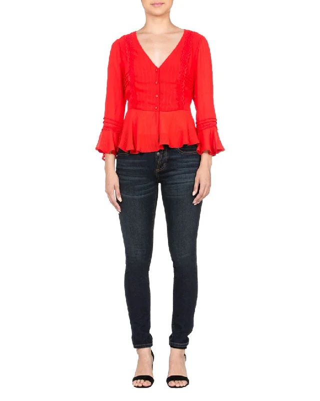 Women's Ruffle Hem Button Front Blouse Elegant Embroidery Blouse