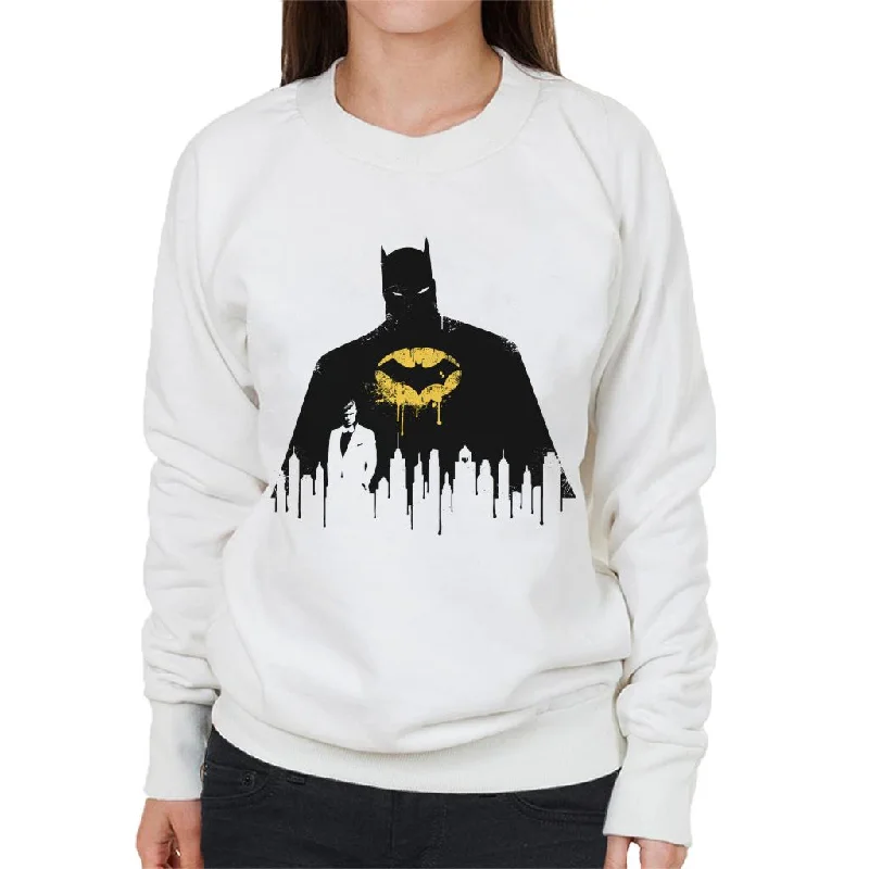 Batman Gotham City Skyscraper Silhouette Women's Sweatshirt Hoodie with Distressed Vintage Worn Batman Gotham City Skyscraper Silhouette Women's Sweatshirt Hoodie with Distressed Vintage Worn