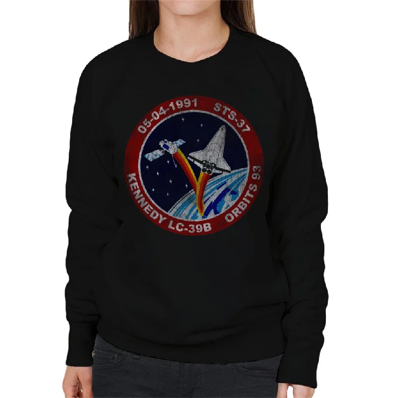 NASA STS 37 Atlantis Mission Badge Distressed Women's Sweatshirt Hoodie with Drawstring Waist Adjustable Fitted NASA STS 37 Atlantis Mission Badge Distressed Women's Sweatshirt Hoodie with Drawstring Waist Adjustable Fitted
