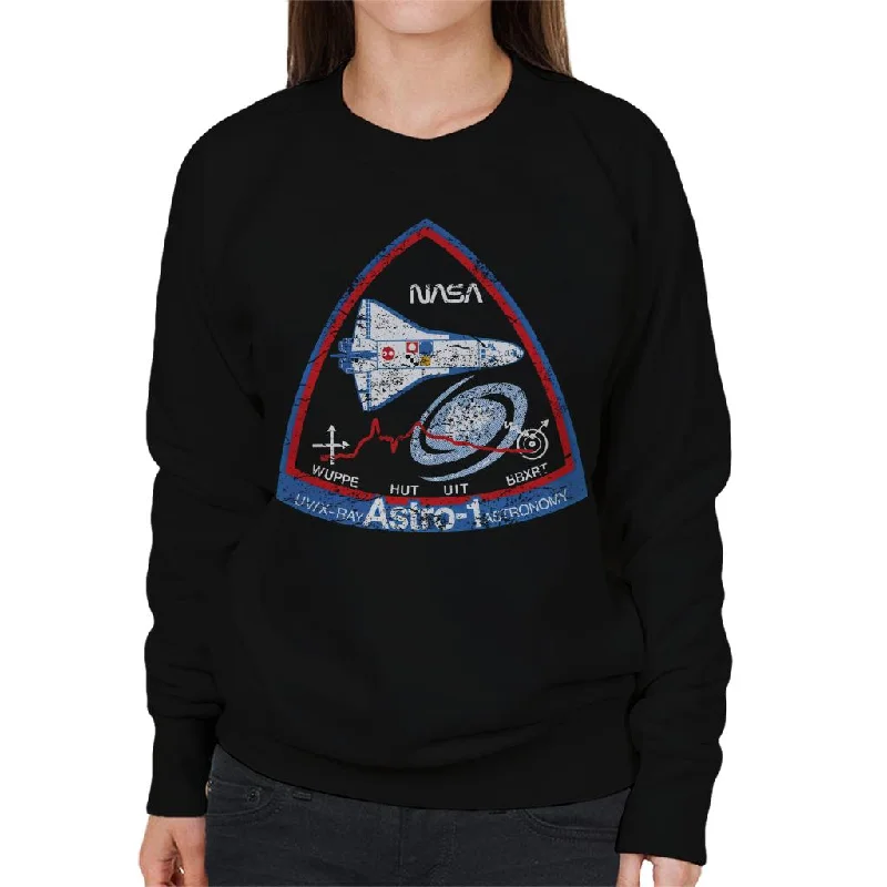 NASA ASTRO 1 Observatory STS 35 Mission Badge Distressed Women's Sweatshirt Hoodie with Back Slit Movement Comfort NASA ASTRO 1 Observatory STS 35 Mission Badge Distressed Women's Sweatshirt Hoodie with Back Slit Movement Comfort