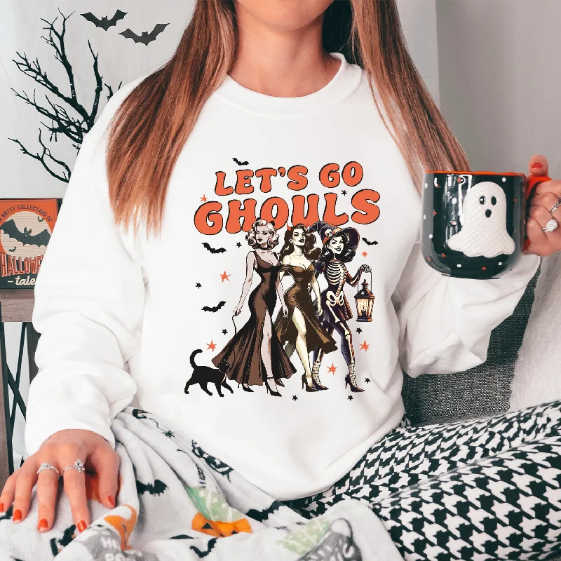 Let's Go Ghouls Retro Graphic Halloween Sweatshirt Hoodie with Tied Waist Feminine Flattering Let's Go Ghouls Retro Graphic Halloween Sweatshirt Hoodie with Tied Waist Feminine Flattering