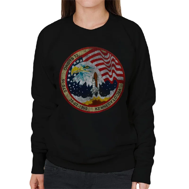 NASA STS 36 Atlantis Mission Badge Distressed Women's Sweatshirt Hoodie with Belted Waist Structured Tailored NASA STS 36 Atlantis Mission Badge Distressed Women's Sweatshirt Hoodie with Belted Waist Structured Tailored