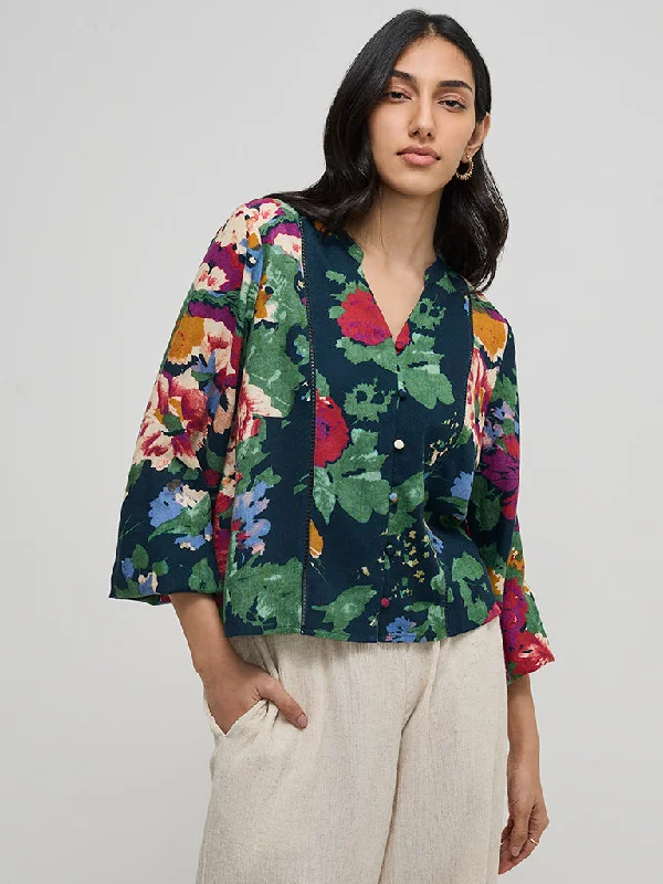 LOV Green Floral Printed Blouse Pleated Collar Blouse