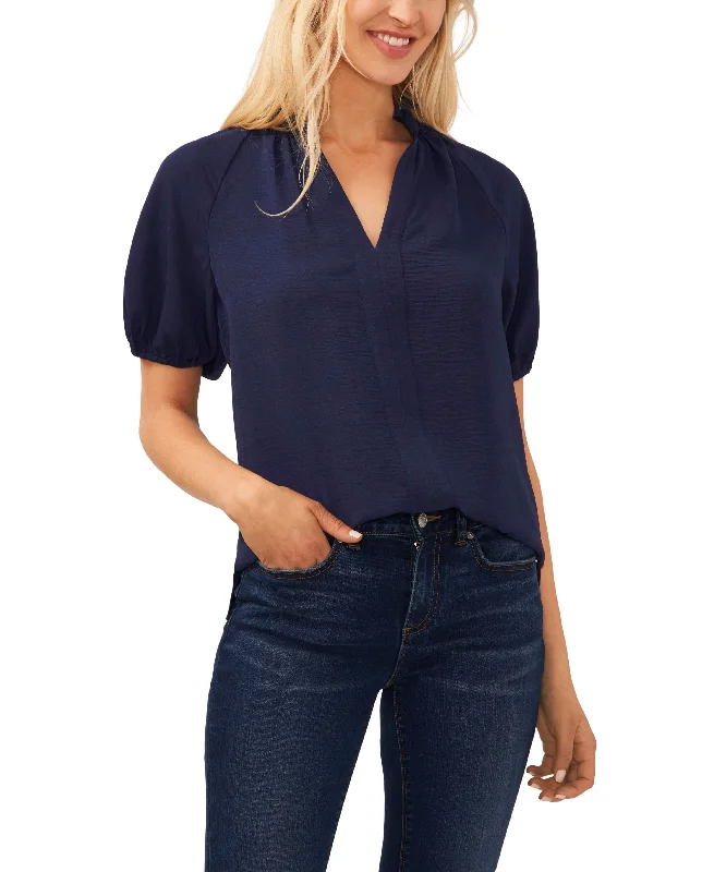 Women's Short Sleeve Ruffle Neck Raglan Split Neck Blouse Loose Fit Blouse