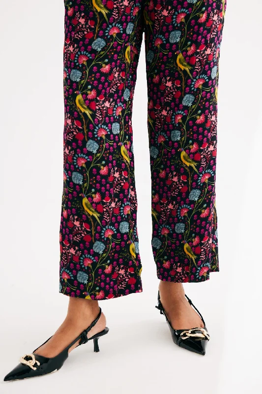 Black Parrot Print Satin Silk Straight Pants Classic Cropped Pants