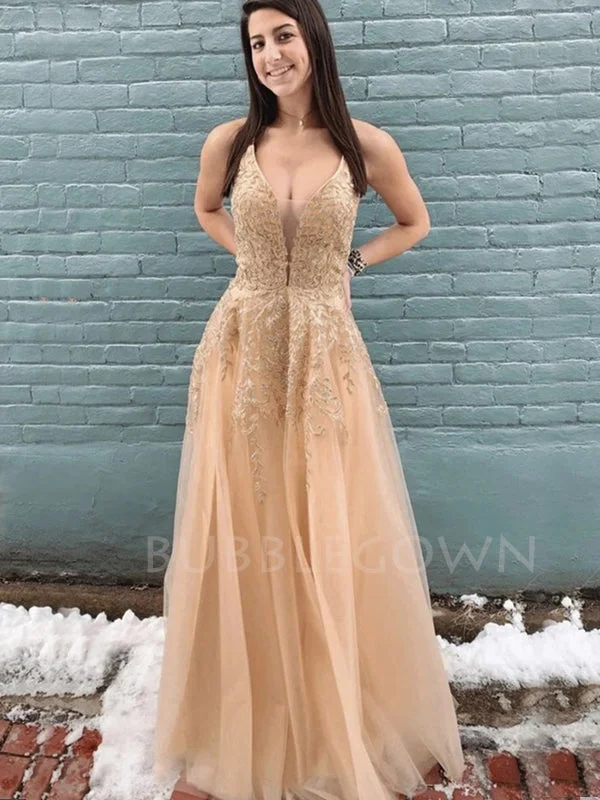 Deep V-neck Tulle Floor Length Lace A-line Long Evening Prom Dresses, MR7120
