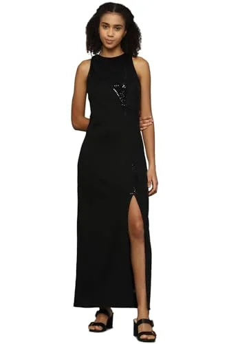 Allen Solly Women's Polyester Modern Maxi Dress (Black) Elegant Lace-Up Maxi Dress