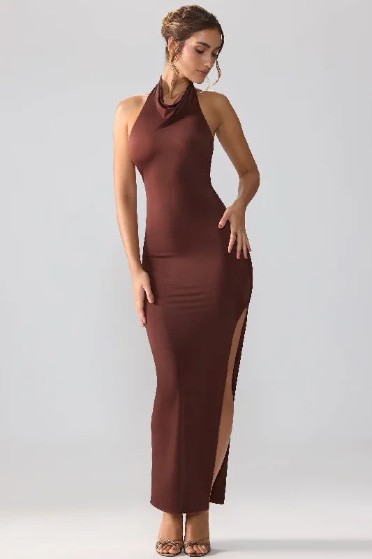 Premium Jersey Cowl Neck Backless Maxi Dress in Espresso Elegant Maxi Dress with Drapes Premium Jersey Cowl Neck Backless Maxi Dress in Espresso Elegant Maxi Dress with Drapes
