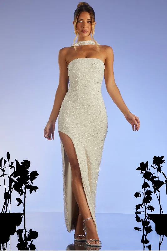 Embellished Bandeau Maxi Dress in Ivory Fashionable Off-Shoulder Maxi Dress
