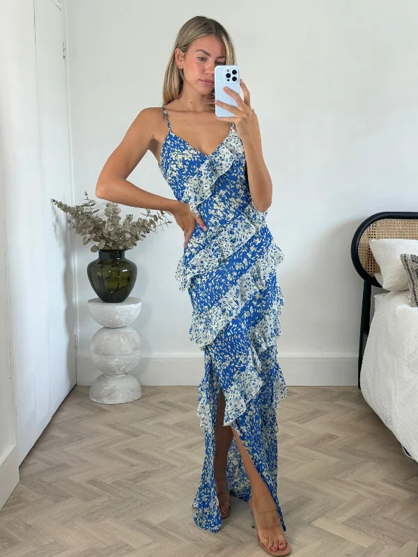 Cordelia Frill Maxi Dress in Blue Fashionable Faux Wrap Maxi Dress