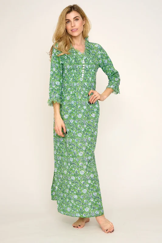 Cotton Annabel Maxi Dress in Green with White & Blue Flower Trendy A-Line Maxi Dress Cotton Annabel Maxi Dress in Green with White & Blue Flower Trendy A-Line Maxi Dress