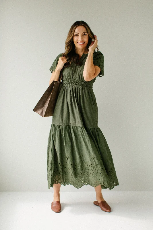 'Georgina' Eyelet Detail Smocked Waist Maxi Dress in Olive Trendy Fit-and-Flare Maxi Dress