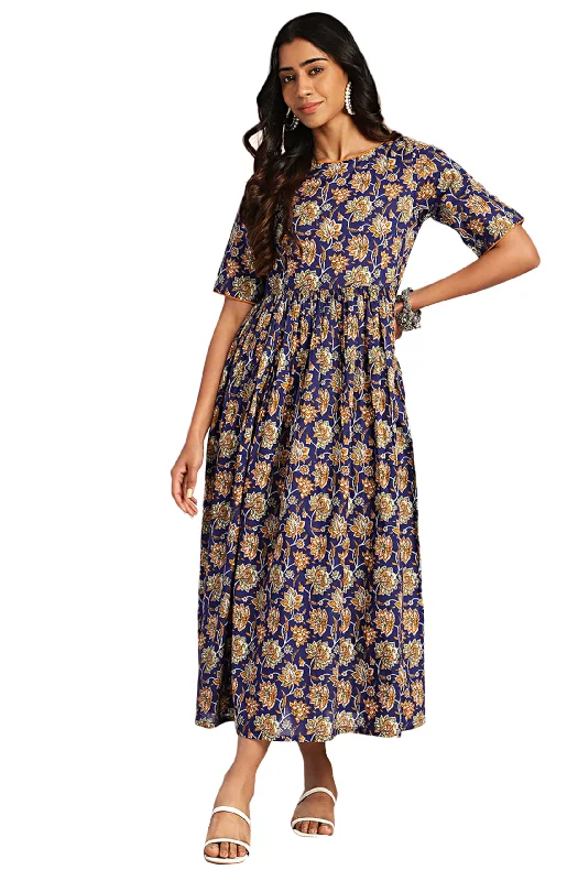 Janasya Women's Dark Blue Cotton Floral Printed Gathered Maxi Dress(JNE4369-DR-M) Chic Boho Print Maxi Dress