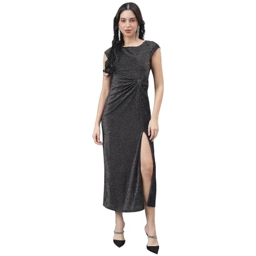 Latin Quarters Women Black Cap Sleeve Round Neck Maxi Dress Stylish Maxi Dress with Frills