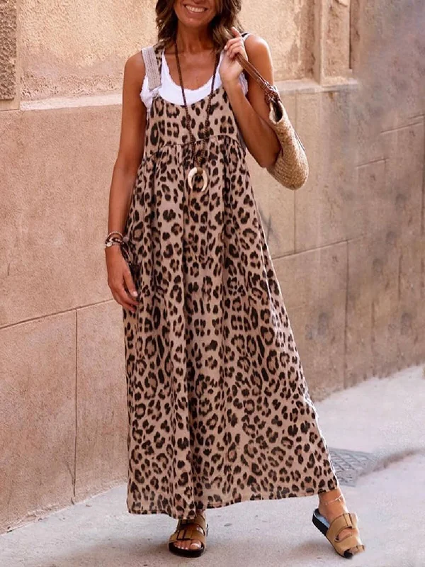 Leopard Print Patchwork Charming Suspender Maxi Dress Stylish Maxi Dress with Frills Leopard Print Patchwork Charming Suspender Maxi Dress Stylish Maxi Dress with Frills
