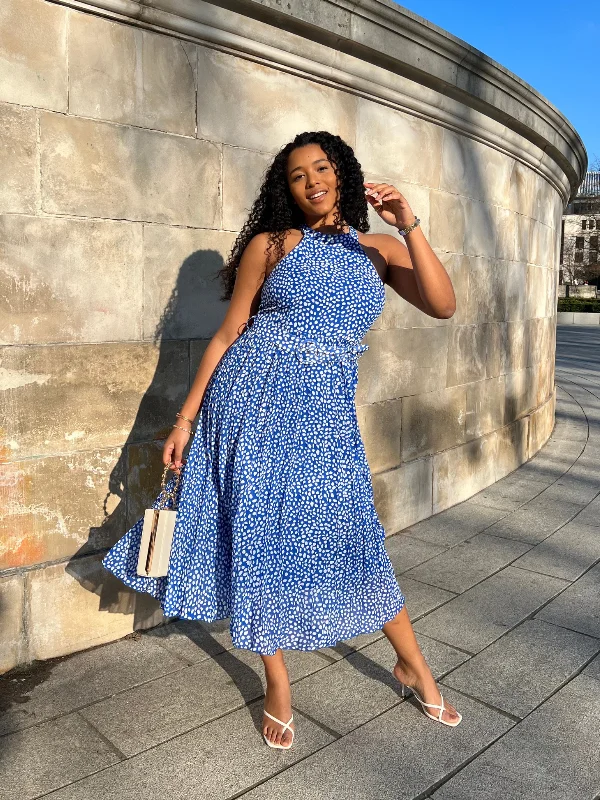 Luisa Belted Pleated Maxi Dress / Cobalt Pebble Print Comfortable Maxi Dress with Sleeves