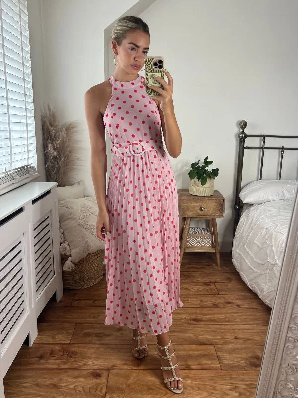 Luisa Belted Pleated Maxi Dress / Pink And Red Spot Print Trendy Off-Shoulder Ruffle Maxi Dress Luisa Belted Pleated Maxi Dress / Pink And Red Spot Print Trendy Off-Shoulder Ruffle Maxi Dress