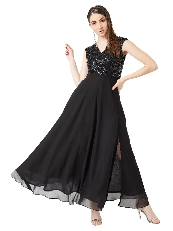 Miss Chase Women's Black V-Neck Cap Sleeved Solid Wrap Maxi Dress(MCSS20D06-10-62-04_Black_M) Cozy Ribbed Maxi Dress Miss Chase Women's Black V-Neck Cap Sleeved Solid Wrap Maxi Dress(MCSS20D06-10-62-04_Black_M) Cozy Ribbed Maxi Dress