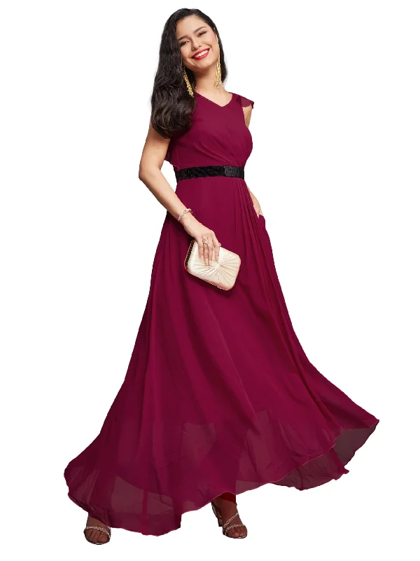 Miss Chase Women's V-Neck Ruffled Sleeve Solid Embellished Maxi Dress with Pockets (MCAW21D06-17-23-06, Dark Pink, XL) Fashionable Chiffon Maxi Dress