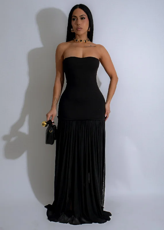 Moonlit Cascade Mesh Maxi Dress Black Cozy Longline Maxi Dress