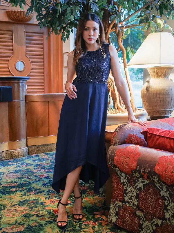 Navy Blue Sequinned Fit & Flared Maxi Dress Trendy Printed Maxi Dress