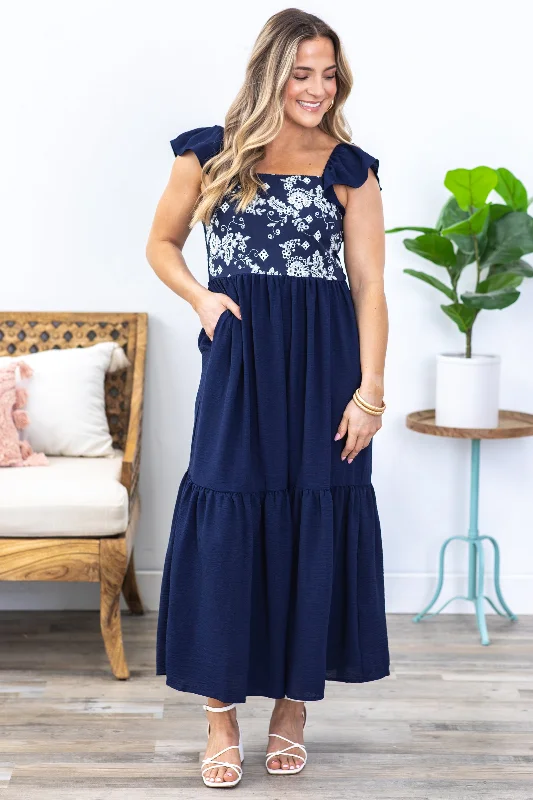 Navy Square Neck Tiered Maxi Dress Fashionable Button-Down Maxi Dress