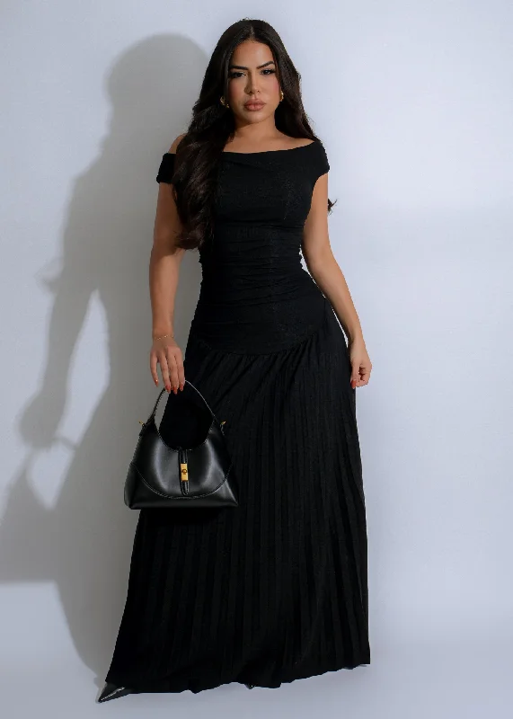 Obsidian Charm Ruched Maxi Dress Black Elegant Maxi Dress with Slit