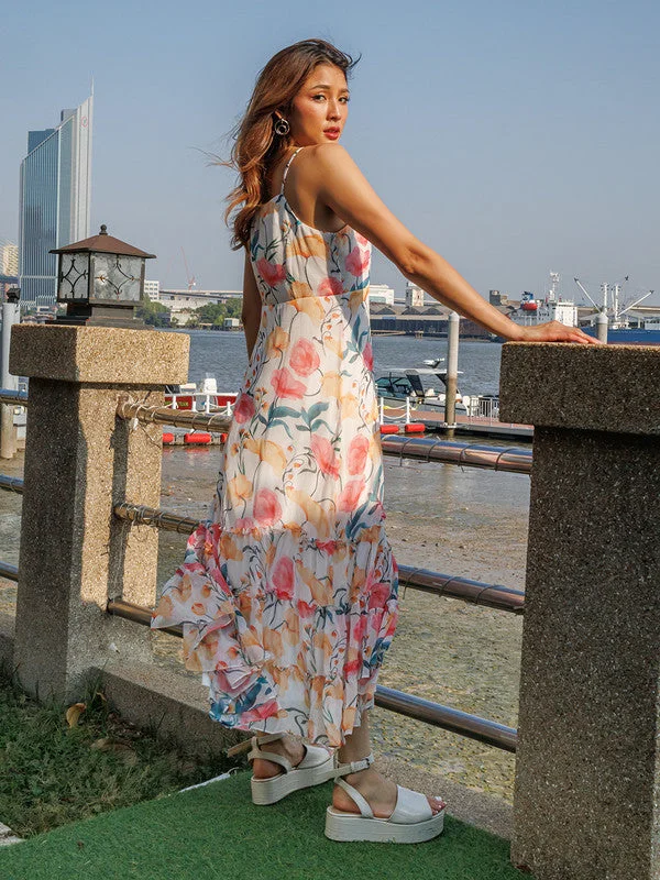 Off White Floral Print Flared Maxi Dress Stylish Maxi Dress with Frills