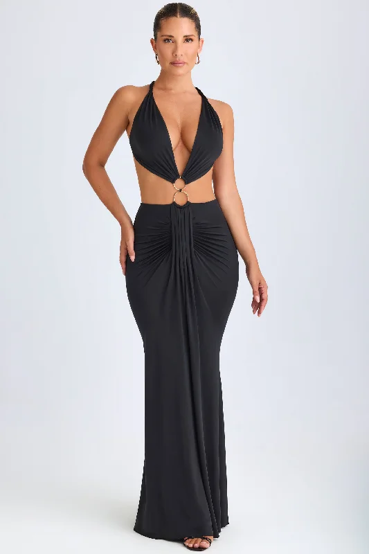 Hardware Detail Cut-Out Halterneck Maxi Dress in Black Stylish Maxi Dress with Pleats Hardware Detail Cut-Out Halterneck Maxi Dress in Black Stylish Maxi Dress with Pleats