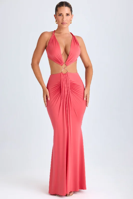 Hardware Detail Cut-Out Halterneck Maxi Dress in Coral Fashionable Halter Neck Maxi Dress Hardware Detail Cut-Out Halterneck Maxi Dress in Coral Fashionable Halter Neck Maxi Dress