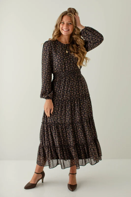 'Ophelia' Smocked Waist Floral Chiffon Maxi Dress in Navy Comfortable Satin Maxi Dress 'Ophelia' Smocked Waist Floral Chiffon Maxi Dress in Navy Comfortable Satin Maxi Dress