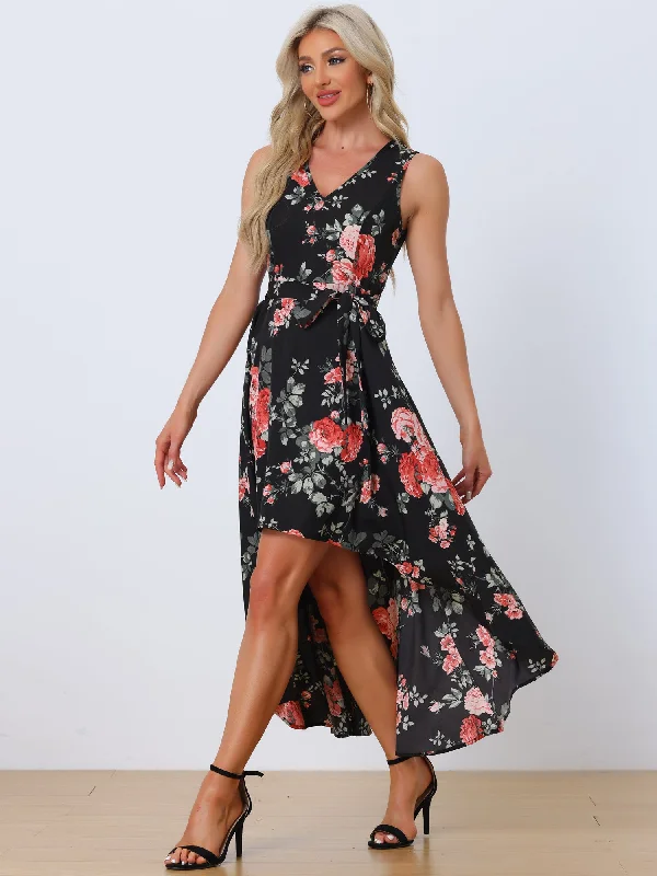 V Neck Floral Print Belt Sleeveless High Low Hem Long Maxi Dress Sundress Elegant Pleated Maxi Dress V Neck Floral Print Belt Sleeveless High Low Hem Long Maxi Dress Sundress Elegant Pleated Maxi Dress