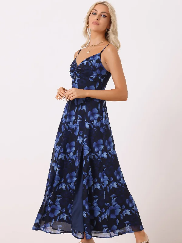 Spaghetti Strap Floral Smock Slit Elegant Maxi Dress Sundress Stylish Maxi Dress with Pleats Spaghetti Strap Floral Smock Slit Elegant Maxi Dress Sundress Stylish Maxi Dress with Pleats