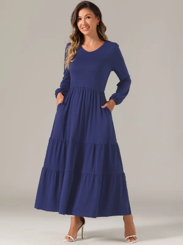 Crew Neck Long Sleeve Pockets Tiered A-Line Maxi Dress Fashionable Button-Down Maxi Dress