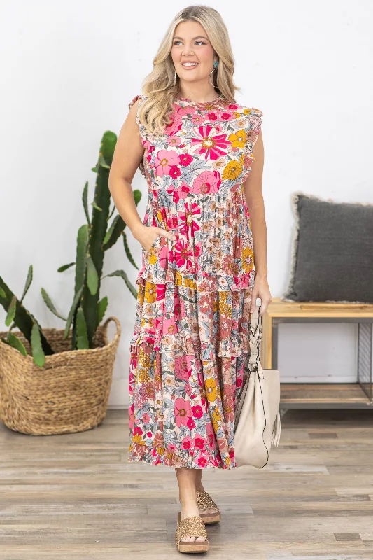 Pink Floral Print Ruffle Maxi Dress Fashionable Maxi Dress with Fringe