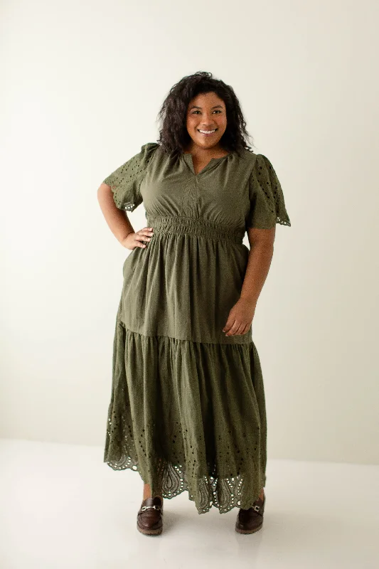 Plus 'Georgina' Eyelet Detail Smocked Waist Maxi Dress in Olive Elegant Maxi Dress with Drapes