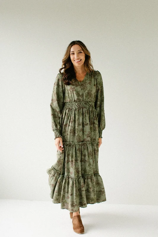 'Poetry' Abstract Floral Chiffon Maxi Dress in Oak Moss Stylish Maxi Dress with Frills 'Poetry' Abstract Floral Chiffon Maxi Dress in Oak Moss Stylish Maxi Dress with Frills