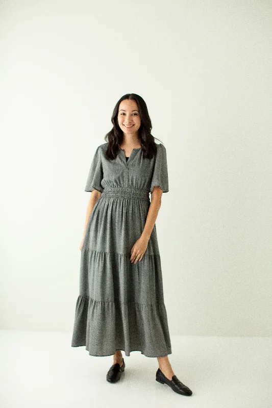 'Prairie' Mini Gingham Tiered Maxi Dress Trendy Fit-and-Flare Maxi Dress