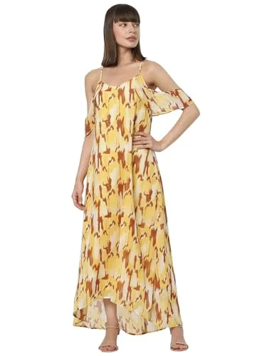 VERO MODA Women's Polyester A-Line Maxi Dress (Yolk Yellow) Elegant Maxi Dress with Pockets