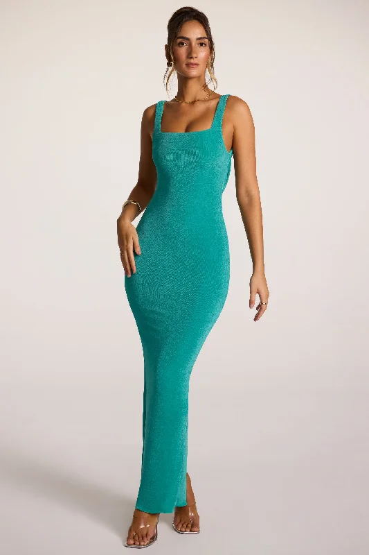 Textured Jersey Square Neck Cowl Back Maxi Dress in Teal Cozy Maxi Dress with Slit