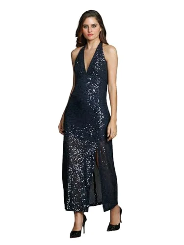 Zink London Women's Navy Blue Solid Fitted Maxi Dress Elegant Boho Maxi Dress