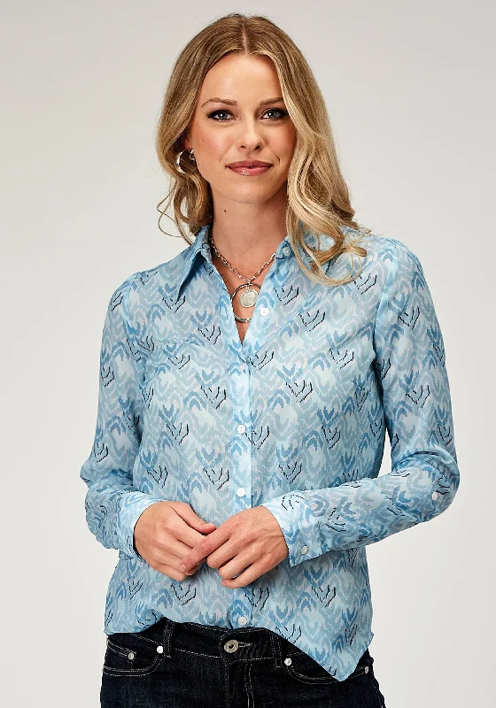 WOMENS LONG SLEEVE BUTTON IKAT CHEVERON PRINT POLY WESTERN SHIRT WITH TAB AND BUTTON SLEEVES FOR ROLLED CUFFS Fleece Nylon Spandex WOMENS LONG SLEEVE BUTTON IKAT CHEVERON PRINT POLY WESTERN SHIRT WITH TAB AND BUTTON SLEEVES FOR ROLLED CUFFS Fleece Nylon Spandex