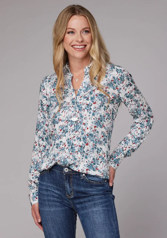 WOMENS LONG SLEEVE BUTTON DITZY FLORAL PRINT RAYON CHALLIS WESTERN SHIRT WITH TAB AND BUTTON ON SLEEVES Basic T-Shirt Crew Neck Short Sleeve WOMENS LONG SLEEVE BUTTON DITZY FLORAL PRINT RAYON CHALLIS WESTERN SHIRT WITH TAB AND BUTTON ON SLEEVES Basic T-Shirt Crew Neck Short Sleeve