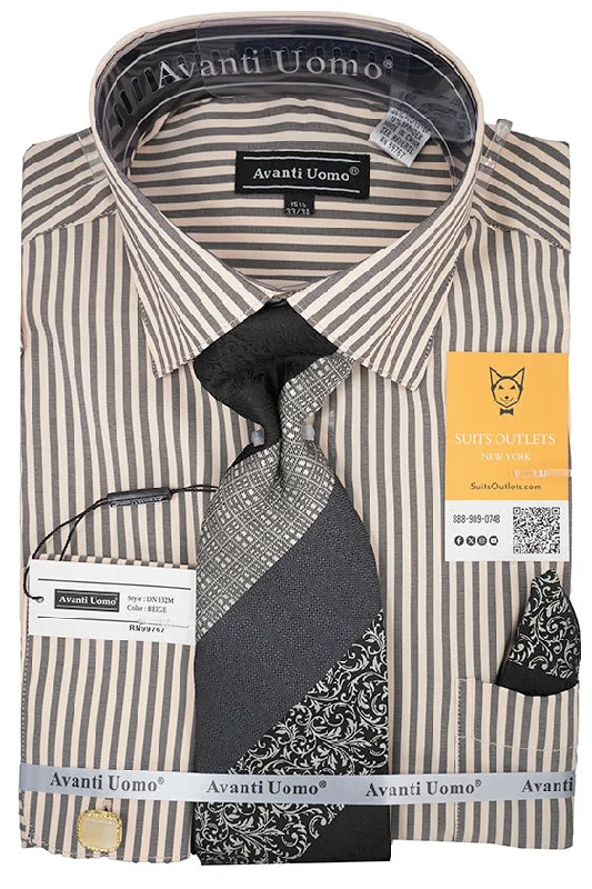 Black and Beige Striped French Cuff Dress Shirt Set with Tie, Cuff Links and Pocket Square Graphic Embroidered Appliqued Black and Beige Striped French Cuff Dress Shirt Set with Tie, Cuff Links and Pocket Square Graphic Embroidered Appliqued
