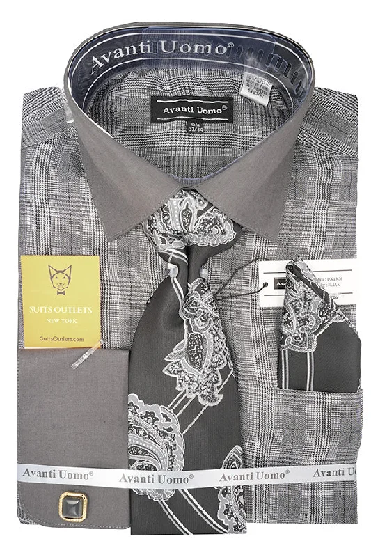 Black Plaid French Cuff Dress Shirt Set with Cuff Links, Tie and Pocket Square V-Neck T-Shirt Long Sleeve Cotton Black Plaid French Cuff Dress Shirt Set with Cuff Links, Tie and Pocket Square V-Neck T-Shirt Long Sleeve Cotton