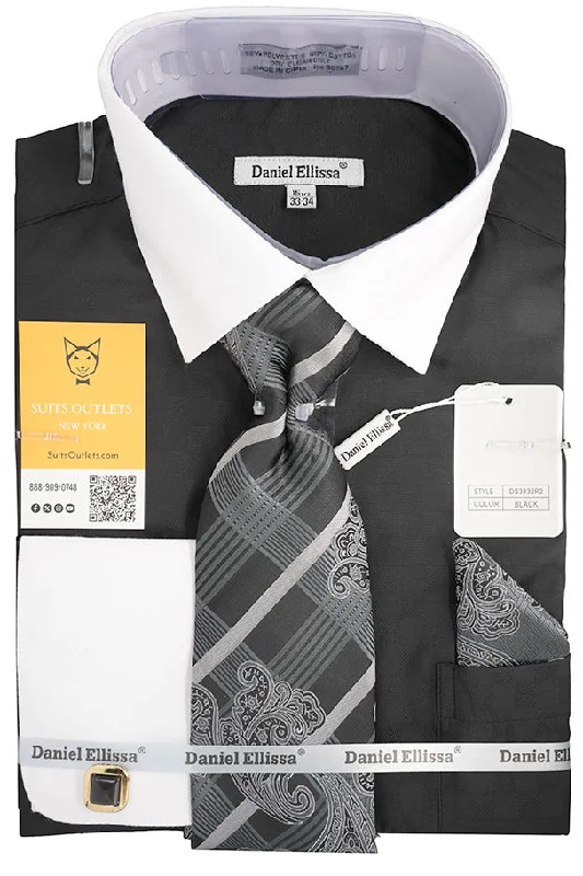 Black White French Cuff Dress Shirt Set with Tie, Cuff Links and Pocket Square Hooded Caped Shawl Collar Black White French Cuff Dress Shirt Set with Tie, Cuff Links and Pocket Square Hooded Caped Shawl Collar