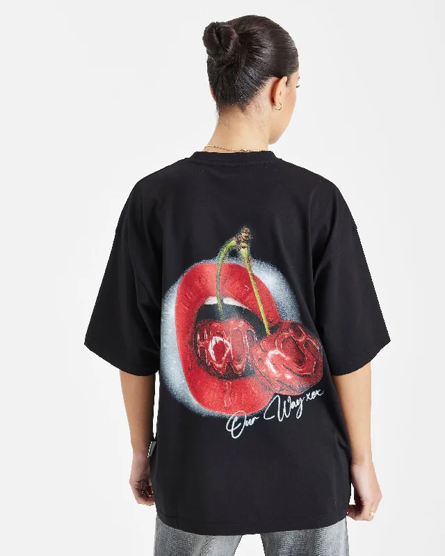 Cherries Oversized T-Shirt - Black/White/Red Zippered Front Buttoned Front Snap Front Cherries Oversized T-Shirt - Black/White/Red Zippered Front Buttoned Front Snap Front