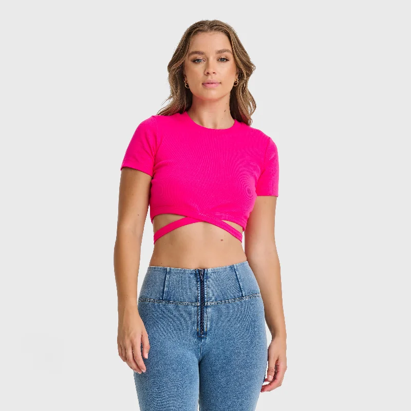 Cropped Wrap Around T Shirt - Pink Thin T-Shirt Open Front Quick Dry