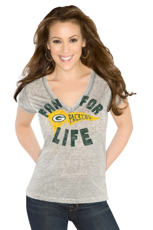 Green Bay Packers Women's Gray Fan for Life V-Neck T-Shirt Graphic Embroidered Appliqued Green Bay Packers Women's Gray Fan for Life V-Neck T-Shirt Graphic Embroidered Appliqued