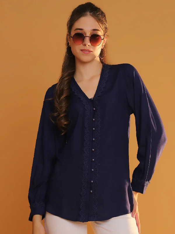NOZ2TOZ Women's Navy Blue V-Neck Full Sleeves Shirt with Lace Placket Detailing Ribbed T-Shirt High Neck Heavyweight NOZ2TOZ Women's Navy Blue V-Neck Full Sleeves Shirt with Lace Placket Detailing Ribbed T-Shirt High Neck Heavyweight